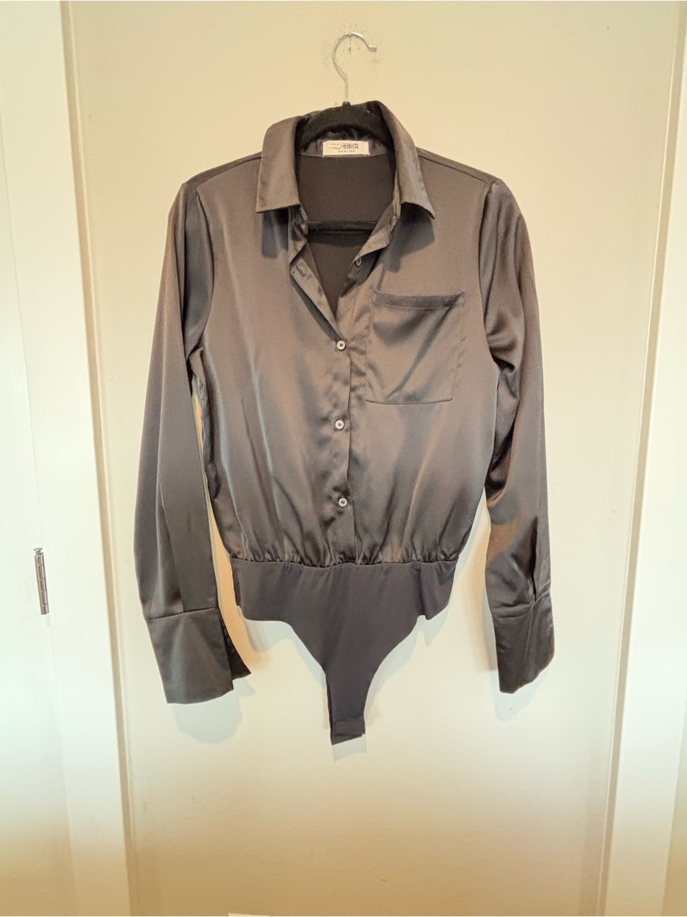 4th and Reckless Satin Long-Sleeve Bodysuit in Black